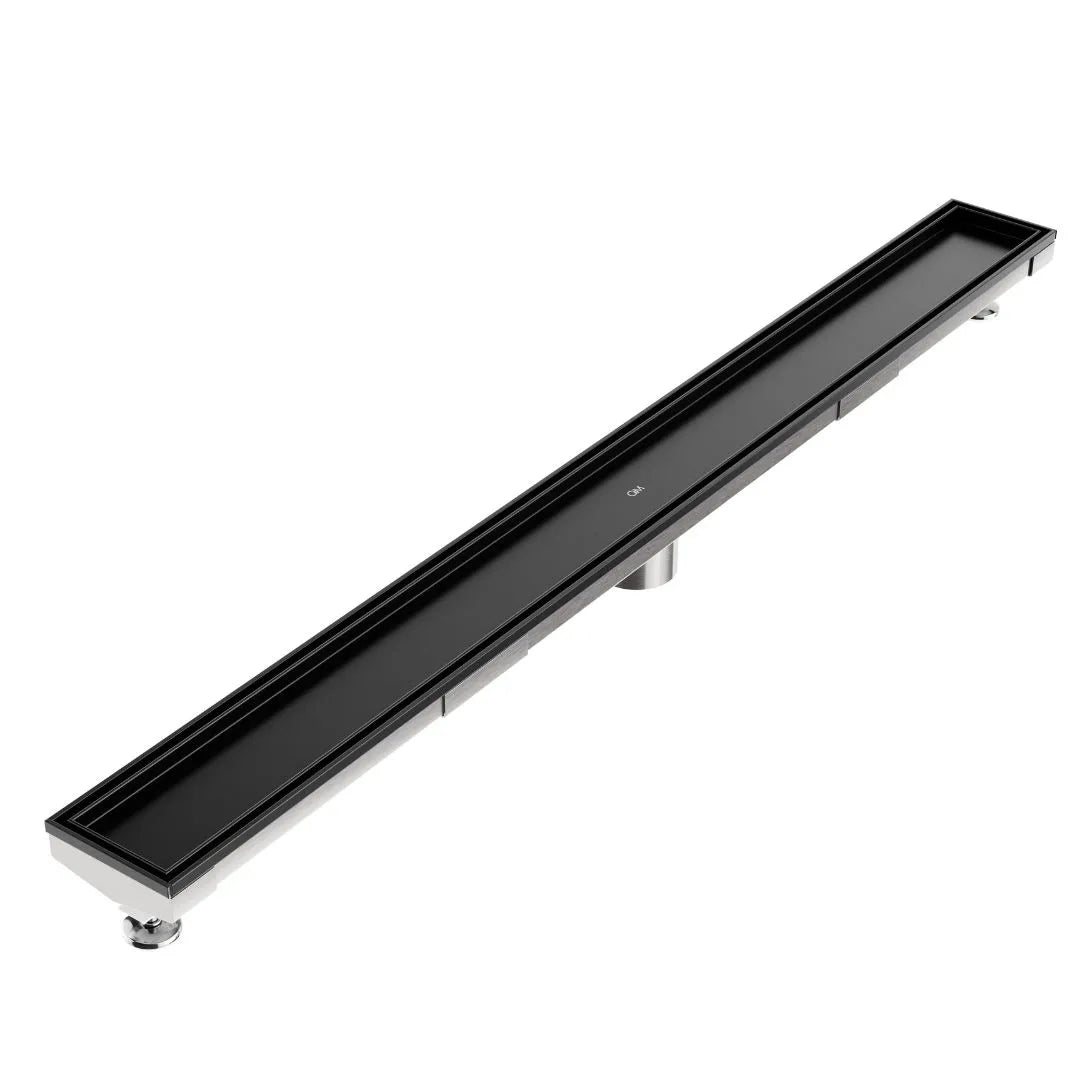 QM Drain Mist Tile-In Adjustable Kit Delmar Linear Drain in Black finish with 2″ outlet, featuring a stainless-steel adjustable channel with precision perforated grate, integrated waterproof flange, and customizable length for efficient drainage and seamless integration into modern luxury shower designs.
