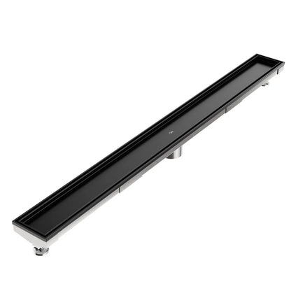 QM Drain Mist Tile-In Adjustable Kit Delmar Linear Drain in Black finish with 2″ outlet, featuring a stainless-steel adjustable channel with precision perforated grate, integrated waterproof flange, and customizable length for efficient drainage and seamless integration into modern luxury shower designs.