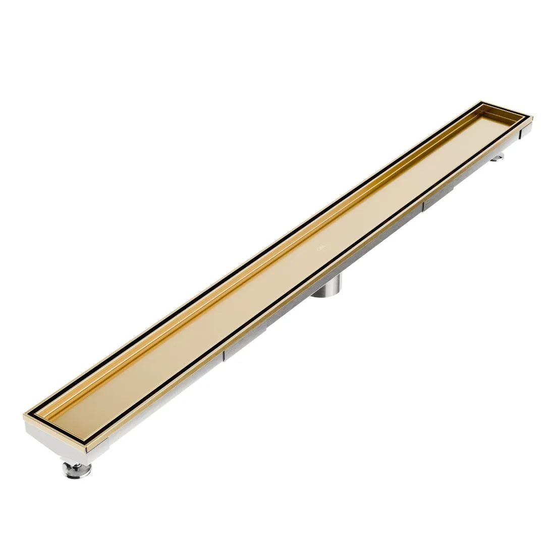 QM Drain Mist Tile-In Adjustable Kit Delmar Linear Drain in Gold finish with 2″ outlet, featuring a stainless-steel adjustable channel with precision perforated grate, integrated waterproof flange, and customizable length for efficient drainage and seamless integration into luxury bathroom designs.