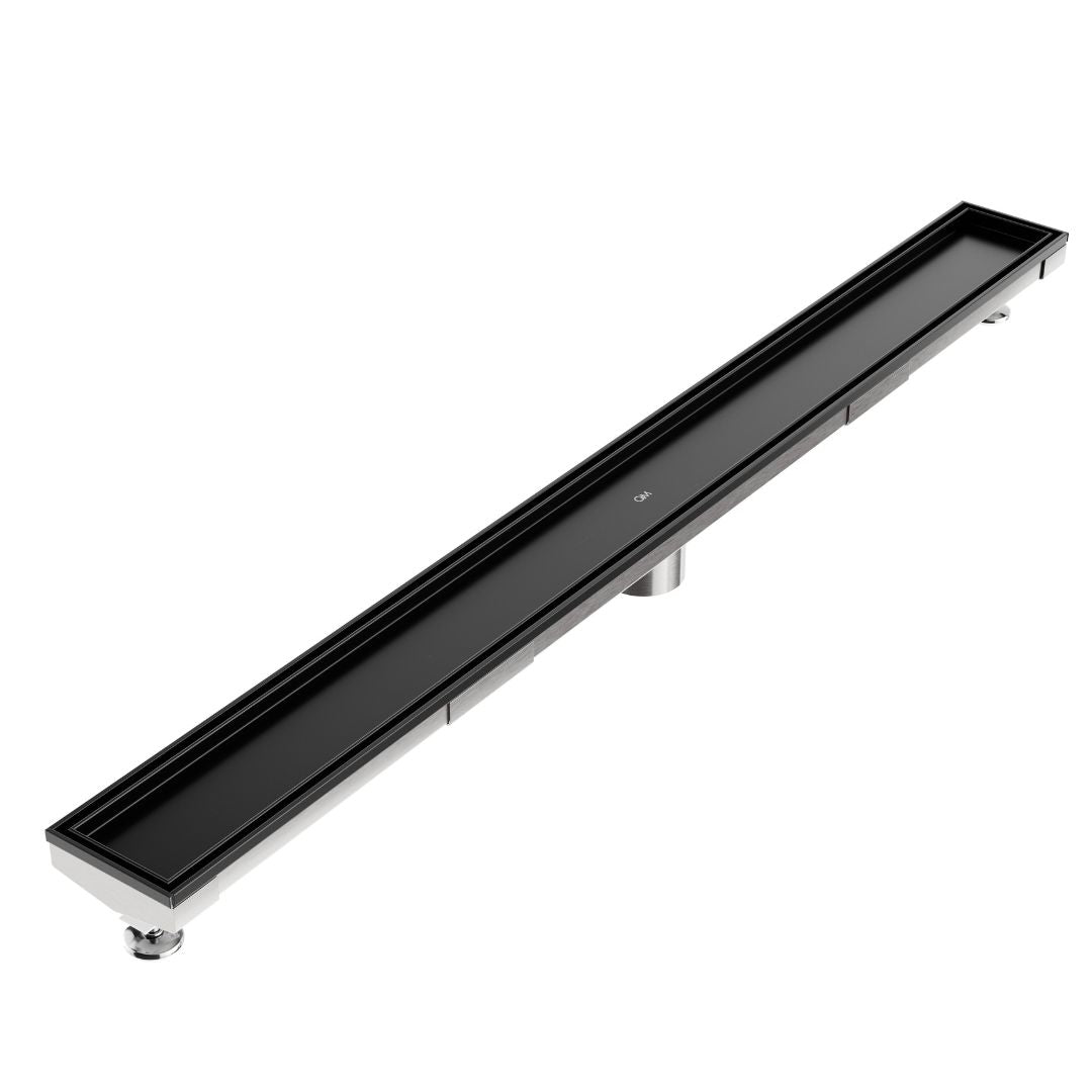 QM Drain Mist Tile-In Adjustable Kit Delmar Linear Drain in Black finish with 3″ outlet, featuring a stainless-steel adjustable channel with precision perforated grate, integrated waterproof flange, and customizable length for efficient drainage and seamless integration into luxury shower designs.