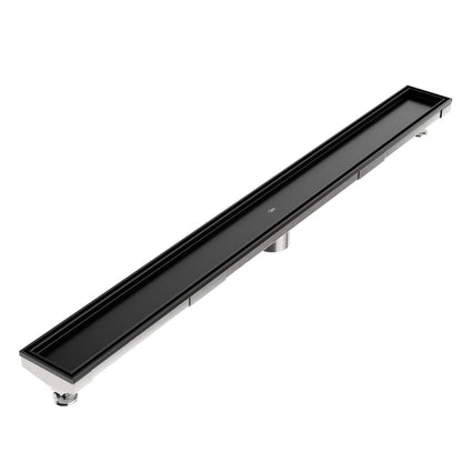QM Drain Mist Tile-In Adjustable Kit Delmar Linear Drain in Black finish with 3″ outlet, featuring a stainless-steel adjustable channel with precision perforated grate, integrated waterproof flange, and customizable length for efficient drainage and seamless integration into luxury shower designs.