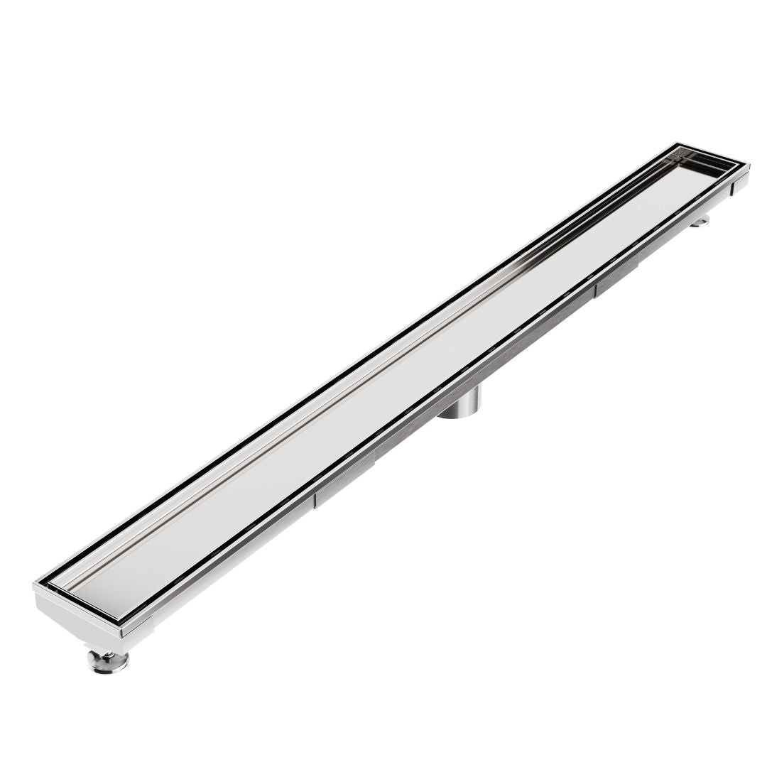 QM Drain Mist Tile-In Adjustable Kit Delmar Linear Drain in Polished finish with 3″ outlet, featuring a stainless-steel adjustable channel with precision perforated grate, integrated waterproof flange, and customizable length for efficient drainage and seamless integration in luxury shower installations.
