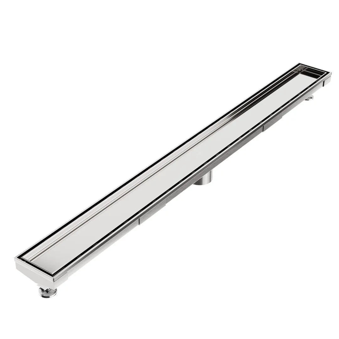 QM Drain Mist Tile-In Adjustable Kit Delmar Linear Drain in Polished finish with 2″ outlet, featuring a stainless-steel adjustable channel with precision perforated grate, integrated waterproof flange, and customizable length for efficient drainage and seamless integration into modern luxury shower installations.