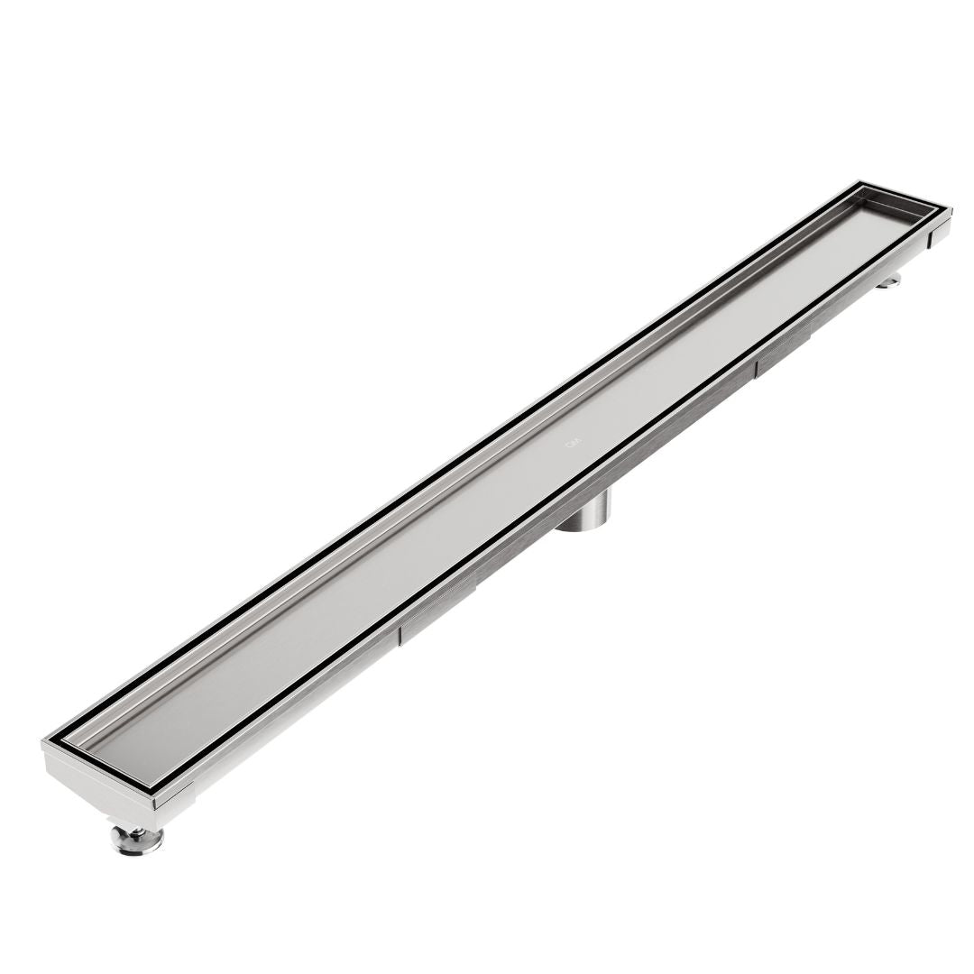 QM Drain Mist Tile-In Adjustable Kit Delmar Linear Drain in  Satin finish with 3″ outlet, featuring a stainless-steel adjustable channel with precision perforated grate, integrated waterproof flange, and customizable length for efficient drainage and seamless integration into luxury shower installations.