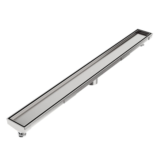 QM Drain Mist Tile-In Adjustable Kit Delmar Linear Drain in  Satin finish with 3″ outlet, featuring a stainless-steel adjustable channel with precision perforated grate, integrated waterproof flange, and customizable length for efficient drainage and seamless integration into luxury shower installations.