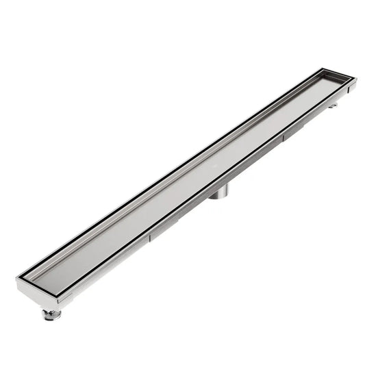 QM Drain Mist Tile-In Adjustable Kit Delmar Linear Drain in Satin finish with 2″ outlet, featuring a stainless-steel adjustable channel with precision perforated grate, integrated waterproof flange, and customizable length for efficient drainage and seamless integration into modern luxury shower designs.