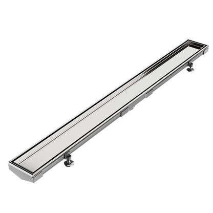 QM Drain Mist Tile-In Adjustable Kit Lagos Linear Drain in Polished finish with 3″ outlet, featuring a stainless-steel adjustable channel with precision perforated grate, integrated waterproof flange, and customizable length for efficient drainage and seamless integration into modern shower installations.