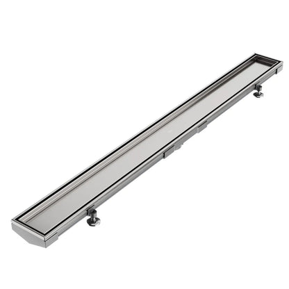 QM Drain Mist Tile-In Adjustable Kit Lagos Linear Drain in Satin finish with 3″ outlet, featuring a stainless-steel adjustable channel with precision perforated grate, integrated waterproof flange, and customizable length for efficient drainage and seamless integration in modern luxury shower designs.