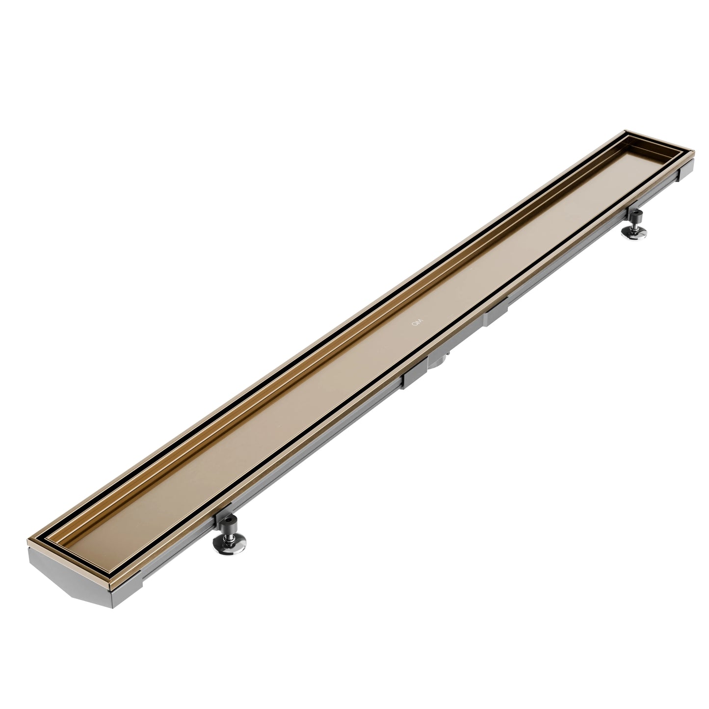 QM Drain Mist (Tile-In) Adjustable Lagos Linear Drain with 2-inch outlet in Champagne finish, featuring a stainless-steel channel with fine perforated 'mist' grate. This adjustable drain offers seamless tile integration, efficient water drainage, and a modern minimalist aesthetic for luxury shower installations.
