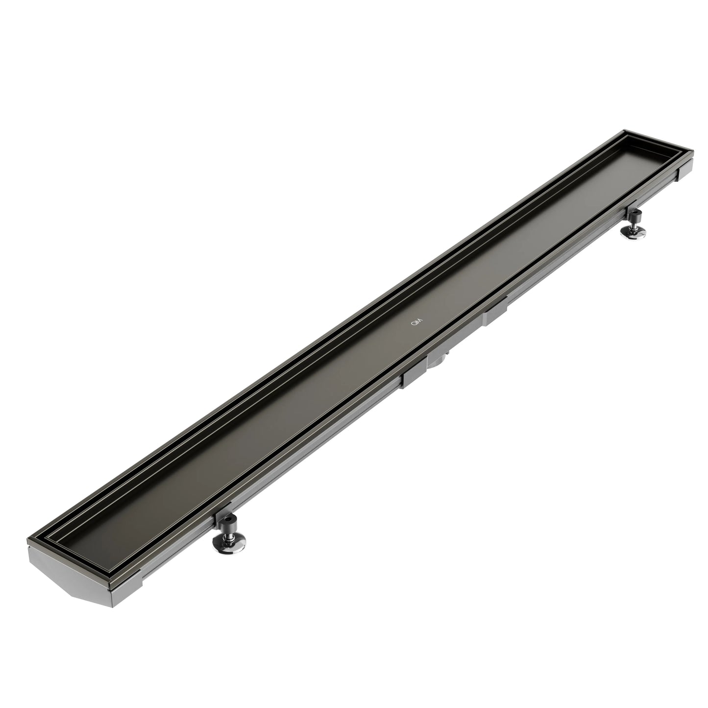 QM Drain Mist (Tile-In) Adjustable Lagos Linear Drain with 2-inch outlet in Luxe Gray finish, featuring a stainless-steel channel with fine perforated 'mist' grate. This adjustable drain offers seamless tile integration, efficient water drainage, and a modern minimalist aesthetic for luxury shower installations.