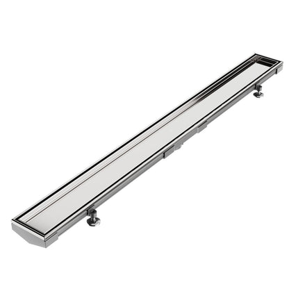 QM Drain Mist (Tile-In) Adjustable Lagos Linear Drain with 2-inch outlet in Polished finish, featuring a stainless-steel channel with fine perforated 'mist' grate. This adjustable drain offers seamless tile integration, efficient water drainage, and a modern minimalist aesthetic for luxury shower installations.
