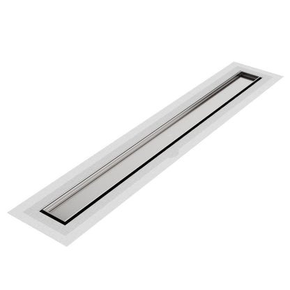 QM Drain Mist Tile-In Delmar Standard Length Flange Edge Linear Drain in Polished finish, featuring a sleek stainless-steel channel with integrated flange edge and fine ‘mist’ perforated grate. Designed for seamless tile integration, it offers efficient drainage and a sophisticated modern aesthetic for luxury shower floors.