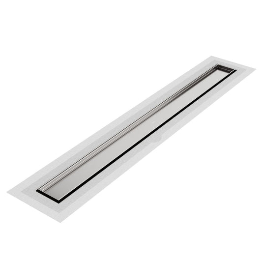 QM Drain Mist Tile-In Delmar Standard Length Flange Edge Linear Drain in Polished finish, featuring a sleek stainless-steel channel with integrated flange edge and fine ‘mist’ perforated grate. Designed for seamless tile integration, it offers efficient drainage and a sophisticated modern aesthetic for luxury shower floors.