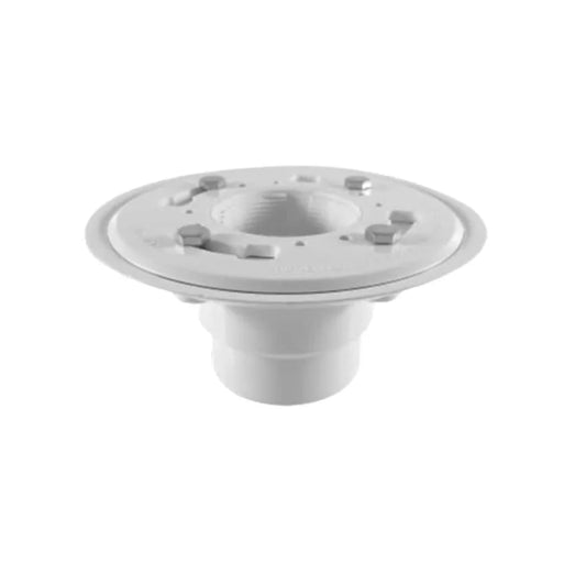 Modern product showcase featuring PVC and ABS Drain Flange—two ABS shower clamp drain assemblies with clamping rings and 2-inch outlet connections for traditional shower pan installations.
