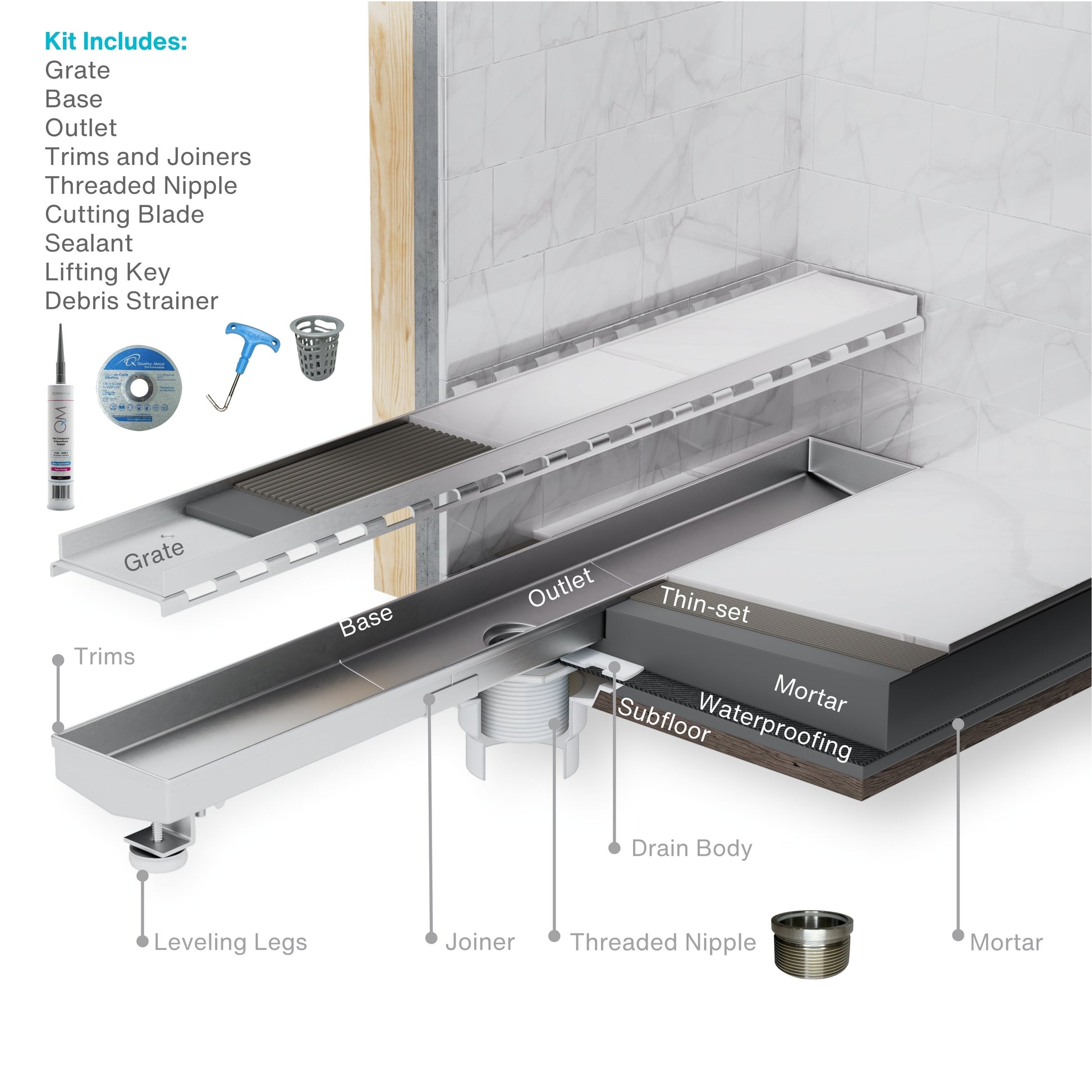 Step-by-step installation instructions for the Perforated Adjustable Delmar Linear Drain, detailing the process of aligning the stainless-steel channel, adjusting the frame, sealing the integrated flange, and ensuring proper slope for efficient water drainage in modern shower systems.