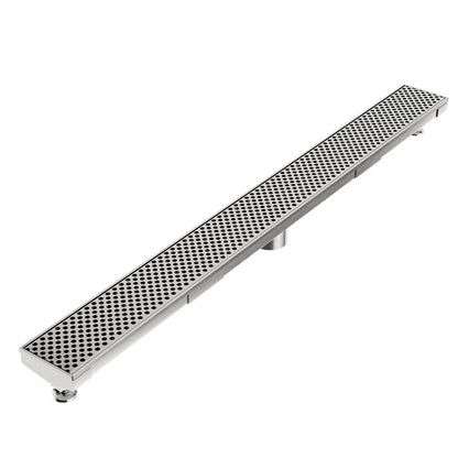 Modern shower floor showcasing the Perforated Adjustable Kit Delmar Linear Drain in Polished finish with 2″ outlet—stainless-steel adjustable channel featuring precision perforated grate, integrated flange beneath surrounding tiles, and versatile on-site frame for customizable, high-performance drainage.