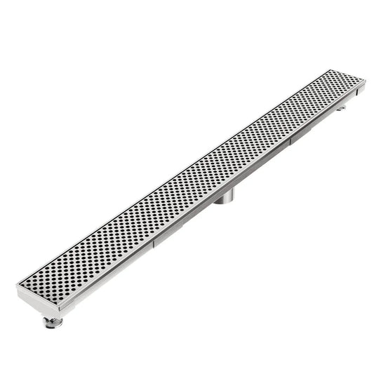 Modern shower floor showcasing the Perforated Adjustable Kit Delmar Linear Drain in Satin finish with 2″ outlet—stainless-steel adjustable channel featuring precision perforated grate, integrated flange beneath surrounding tiles, and versatile on-site frame for efficient customizable drainage.