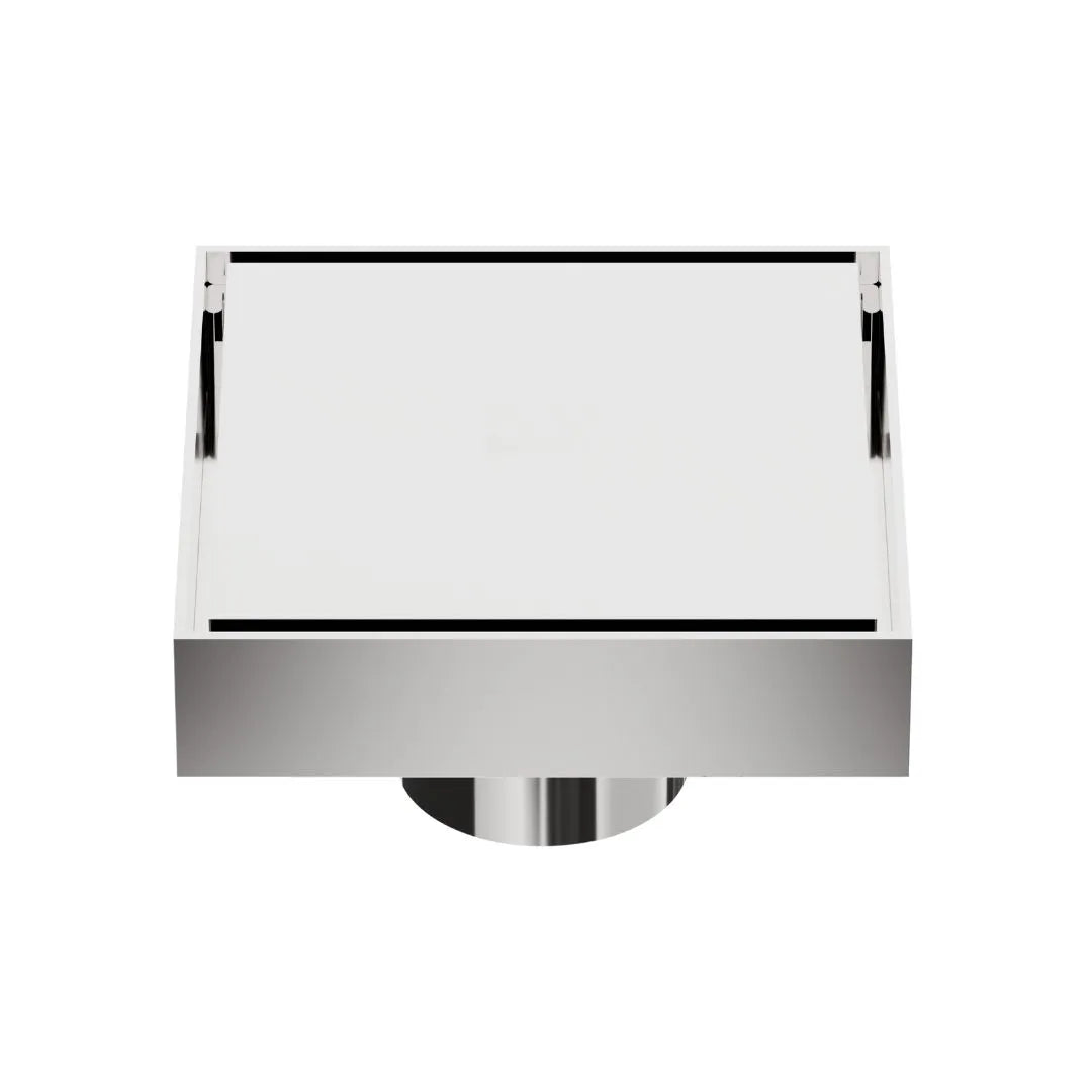 QM Drain Mist Couture Square Drain in Polished finish, available in 4”x 4” and 5 ¾”x 5 ¾” sizes. This sleek stainless-steel drain features a fine perforated grate for efficient water drainage, offering seamless integration into modern shower floors with a minimalist, luxury aesthetic.