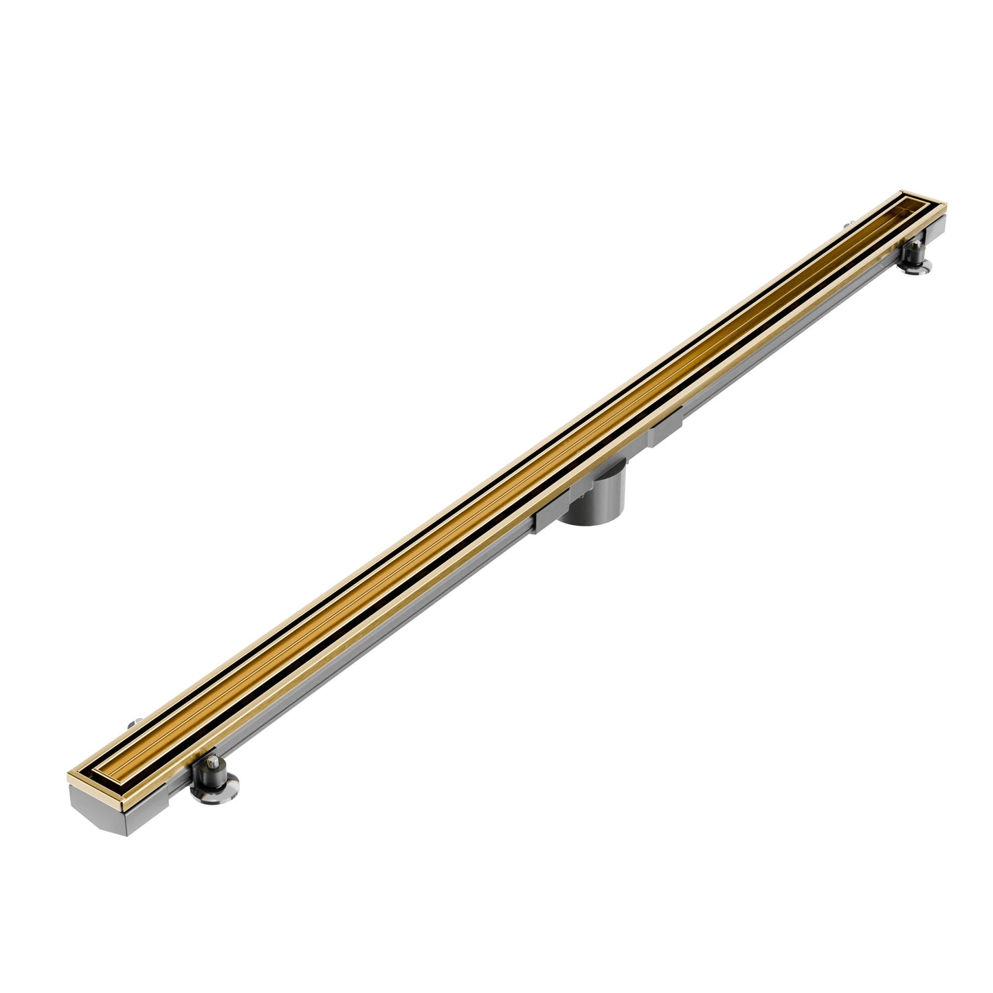 Luxury meets functionality with the Gold finish Mist Couture Lagos adjustable linear drain. Designed for high-end residential projects, this tile-in drain comes in various sizes like 36 and 48 inches up to 96 inches, allowing for a perfectly integrated and elegant drainage solution in contemporary bathrooms.