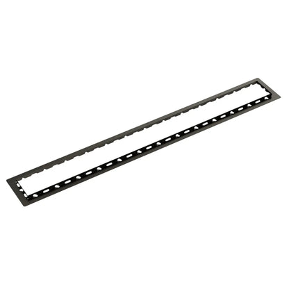 The architectural Lux Gray finish of the QM Drain Tile Guard offers a sleek, matte aesthetic for contemporary designs. Available in 0.5-inch and 1-inch measurements, this versatile trim ensures a seamless transition between the drain and the floor, maintaining a bold, minimalist look for high-end projects.