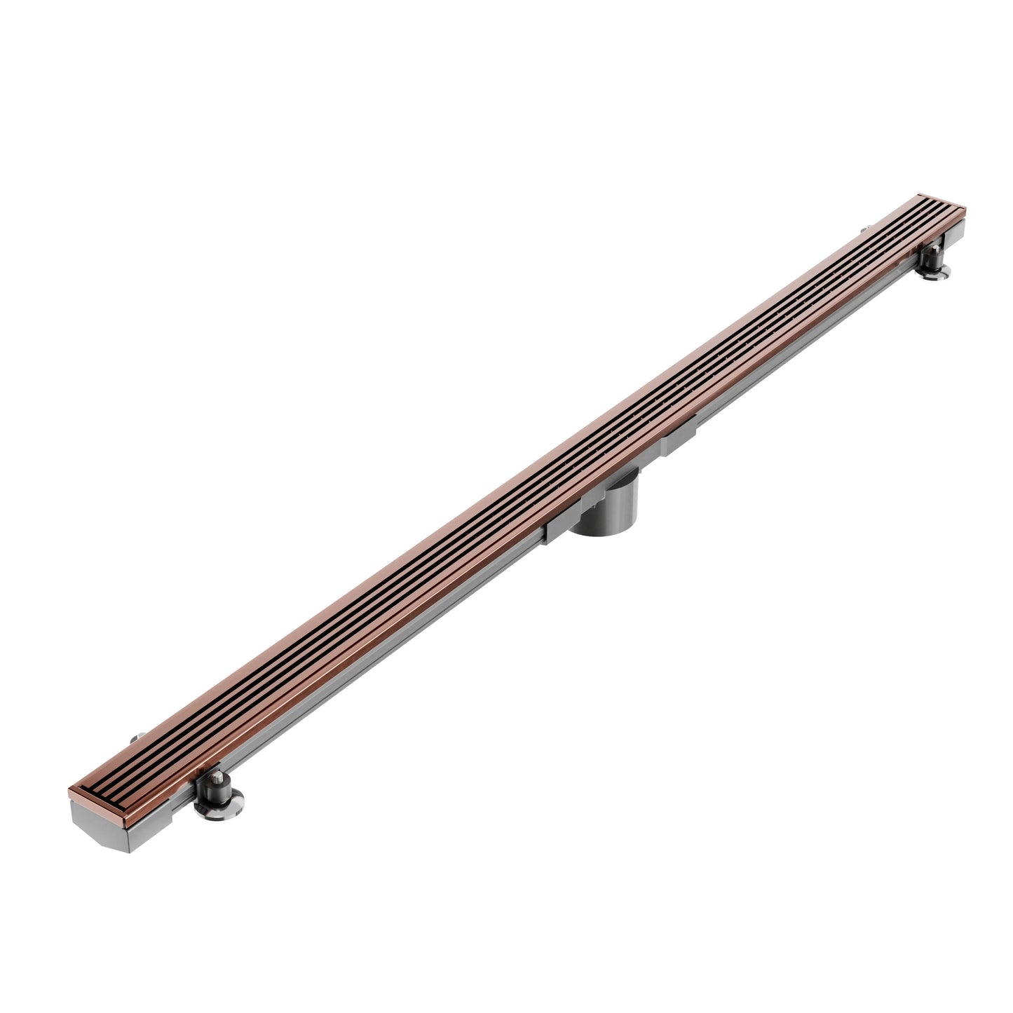 The sophisticated Bronze finish on the Wedgewire Couture Lagos linear drain offers a warm metallic tone for transitional bathrooms. Available in five standard lengths up to 96 inches, it provides a durable and stylish wall-to-wall fit.
