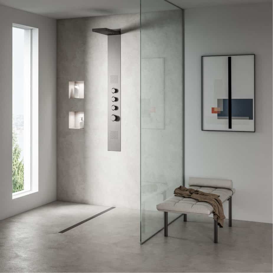 Modern promotional banner for the QM Drain Supreme Linear Drain in Black finish—featuring the sleek black stainless-steel channel set against dark stone tiles, with overlay text highlighting minimalist design, integrated waterproof flange, and high-flow performance for luxury shower installations.