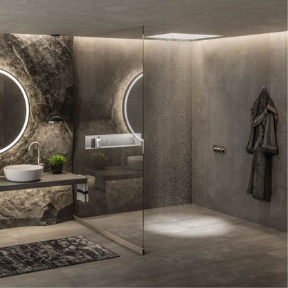 Modern shower floor showcasing the QM Drain Veil Linear Drain—sleek stainless-steel channel with concealed veil-pattern grate, integrated waterproof flange beneath surrounding tiles, and high-capacity drainage for a seamless minimalist luxury bathroom design.