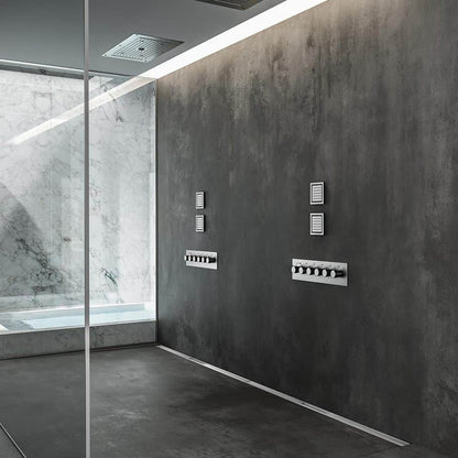 Modern bathroom showcasing the QM Drain Supreme Linear Drain in Satin finish—sleek stainless-steel channel installed at the shower threshold, featuring a minimalist removable grate, integrated waterproof flange, and efficient high-flow drainage for modern luxury bath designs.