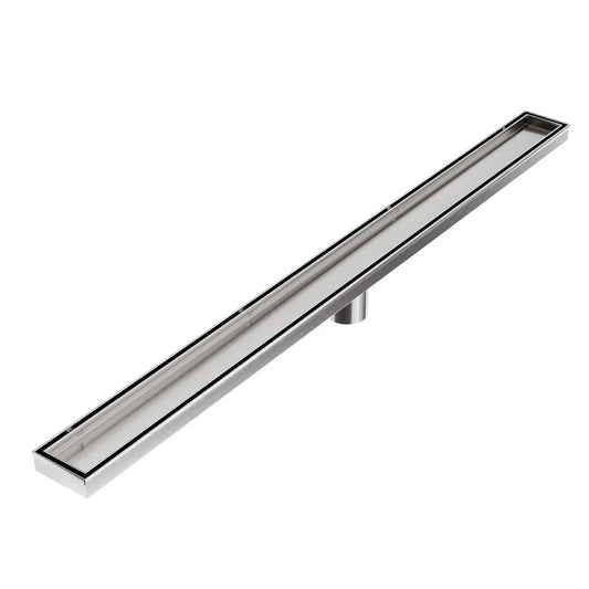 Top view of stainless steel linear shower drain channel with center outlet, designed for modern shower installations.