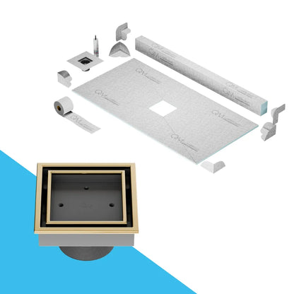 Modern shower floor showcasing the QM Drain Shower Pan Center Lagos in Gold finish—4″×4″ stainless-steel tile-in drain installed at the center, featuring a concealed grate, integrated waterproofing flange, and high-flow drainage for luxurious bathroom designs.