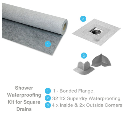 Complete shower waterproofing kit for square drains including membrane, bonded flange, inside and outside corners for full moisture protection.