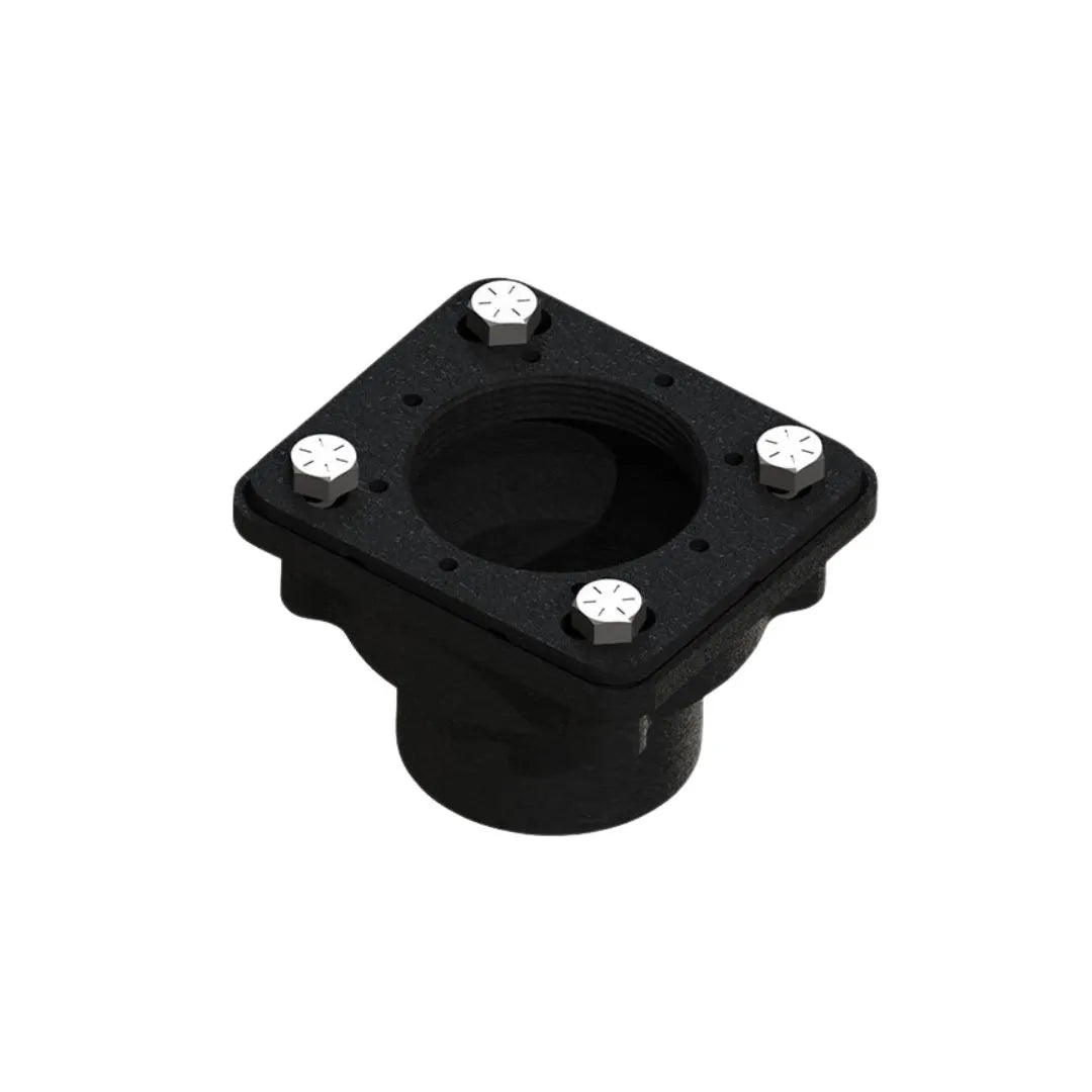 Square shower drain flange made of PVC or ABS with 2-inch outlet connection and bolt-secured clamping surface for shower pan installations.