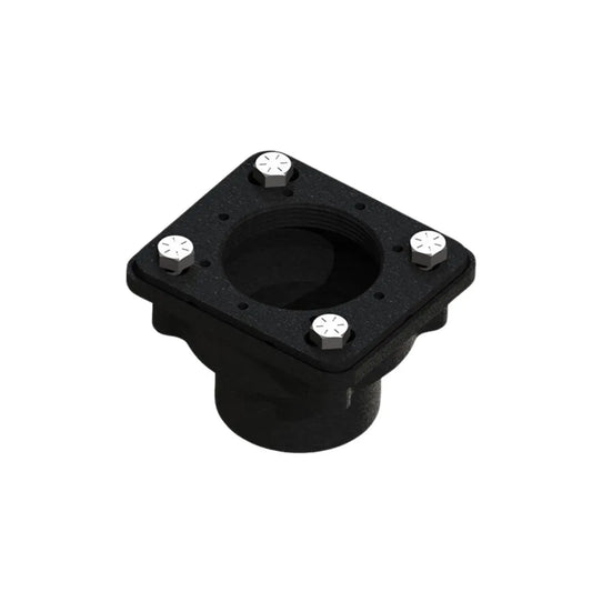 Square shower drain flange made of PVC or ABS with 2-inch outlet connection and bolt-secured clamping surface for shower pan installations.