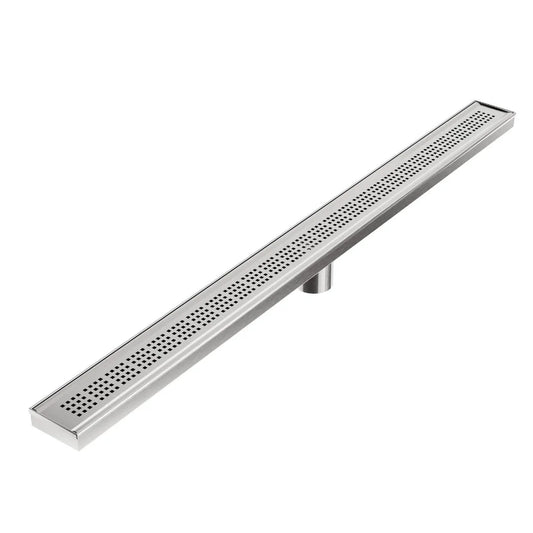 Stainless steel linear shower drain featuring the Ria perforated grate design with center outlet for modern shower installations.