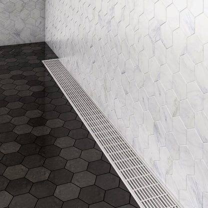 Wedgewire Delmar Standard-Length Flange-Edge Linear Drain in Satin finish—stainless-steel channel with integrated flange edge and corrosion-resistant wedge-wire grate, designed for secure waterproof installation and efficient, high-capacity drainage in luxury shower floors.