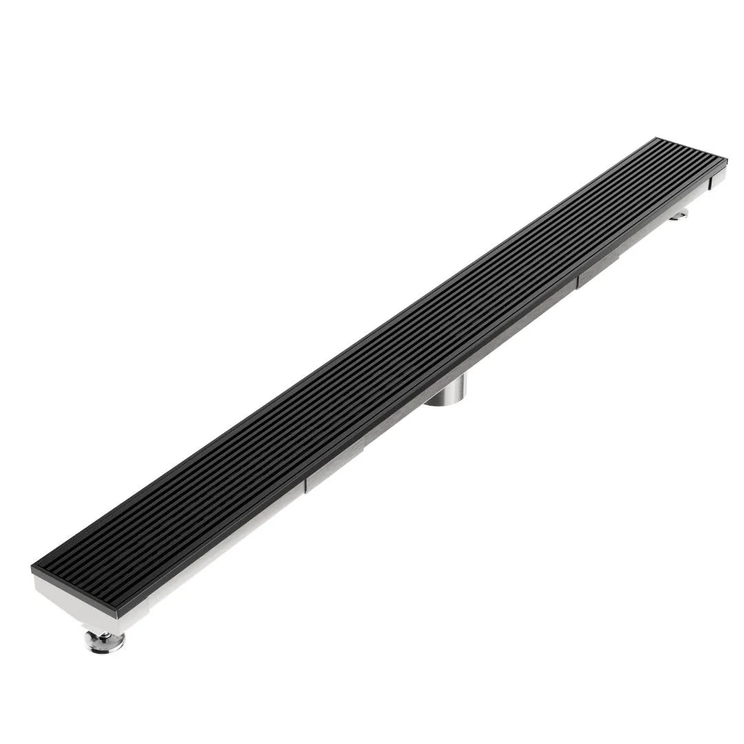 Wedgewire Delmar Adjustable Kit Linear Drain in Black finish with 2″ outlet – stainless-steel adjustable-length channel drain kit featuring a corrosion-resistant wedge-wire grate, integrated 2″ outlet, and on-site adjustable frame for precise fit and efficient water evacuation in luxury showers.