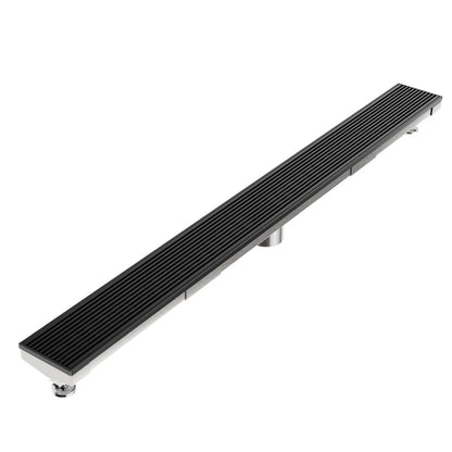 Wedgewire Delmar Adjustable Kit Linear Drain in Black finish with 2″ outlet – stainless-steel adjustable-length channel drain kit featuring a corrosion-resistant wedge-wire grate, integrated 2″ outlet, and on-site adjustable frame for precise fit and efficient water evacuation in luxury showers.