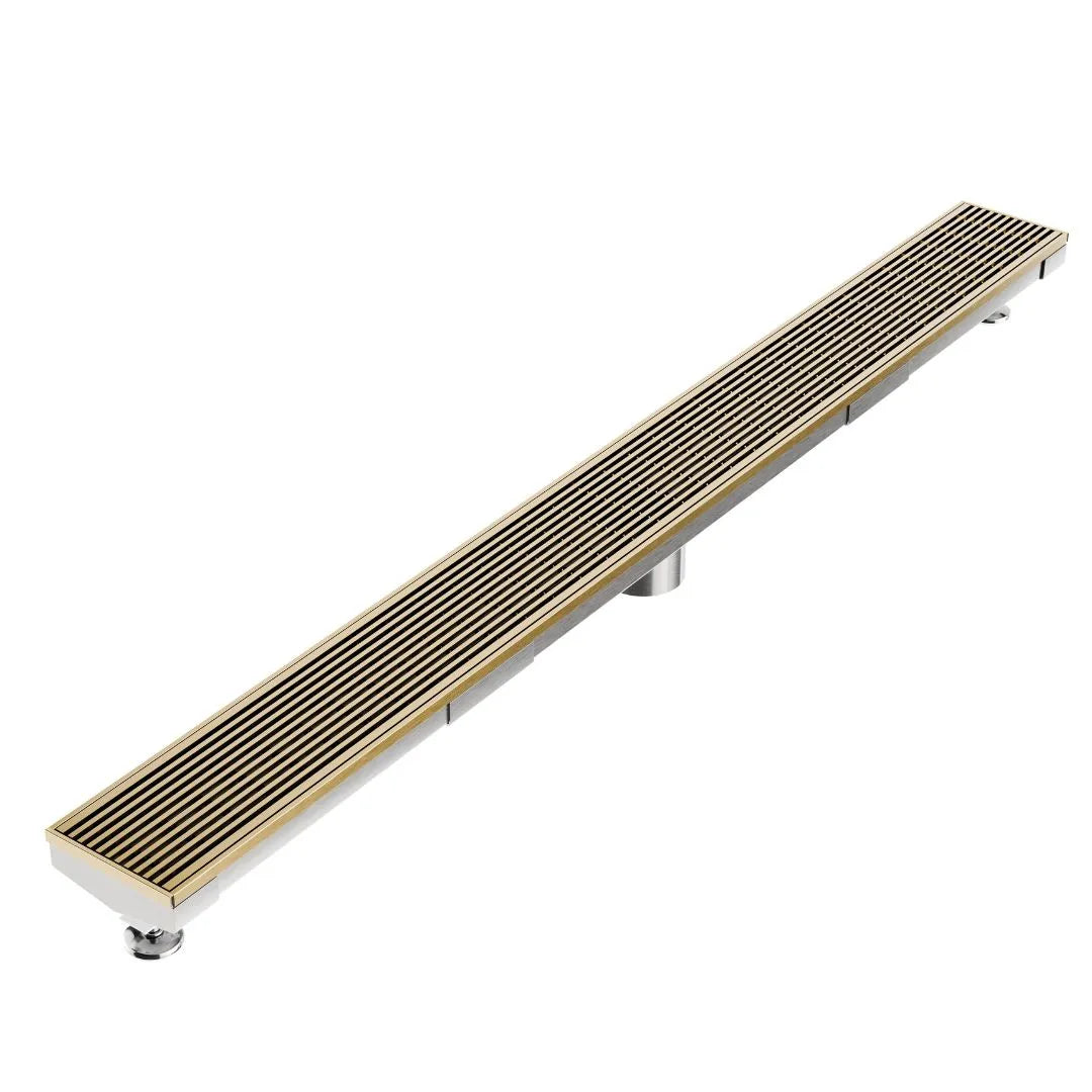 Wedgewire Delmar Adjustable Kit Linear Drain in Gold finish with 2″ outlet – stainless-steel adjustable-length channel drain kit featuring a corrosion-resistant wedge-wire grate, integrated 2″ outlet, and on-site adjustable frame for seamless luxury shower drainage.