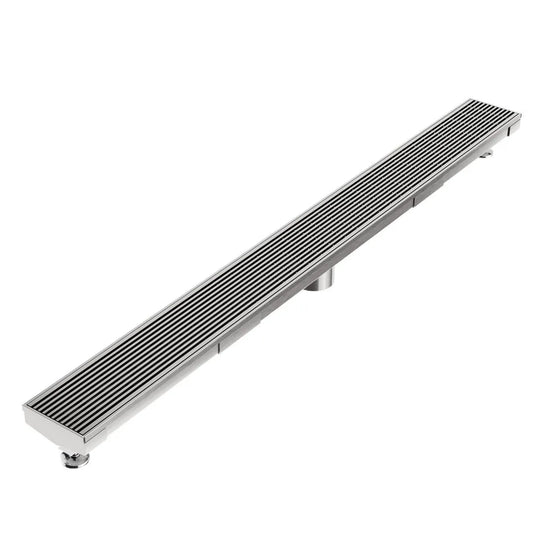Wedgewire Delmar Adjustable Kit Linear Drain in Satin finish with 3″ outlet – stainless-steel adjustable-length channel drain kit featuring corrosion-resistant wedge-wire grate, integrated 3″ outlet, and versatile on-site frame for precise fitting and efficient water evacuation in luxury showers.