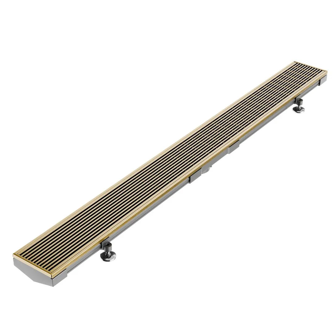 Wedgewire Adjustable Kit Lagos Linear Drain in Gold finish – stainless-steel adjustable-length channel drain kit featuring a corrosion-resistant wedge-wire grate, integrated 2″ outlet, and versatile on-site frame for precise fitting and efficient water evacuation in luxury showers.