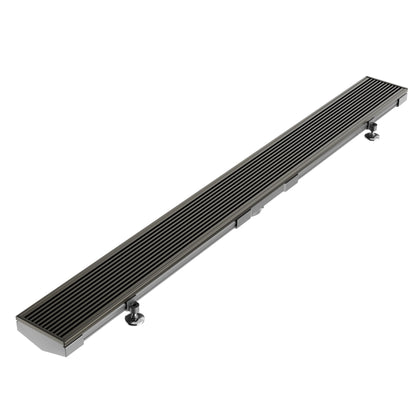 Wedgewire Adjustable Kit Lagos Linear Drain in Luxe Gray finish – stainless-steel channel drain kit with corrosion-resistant wedge-wire grate, adjustable frame, and integrated 2″ outlet for on-site length customization and rapid water evacuation in luxury showers.