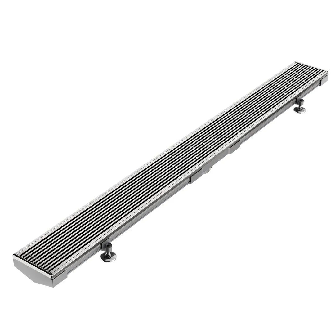 Wedgewire Adjustable Kit Lagos Linear Drain in Satin finish with 2" outlet– customizable stainless-steel channel drain kit with corrosion-resistant wedge-wire grate, adjustable frame, and 2″ outlet for precise on-site fitting and efficient water drainage in luxury shower installations.