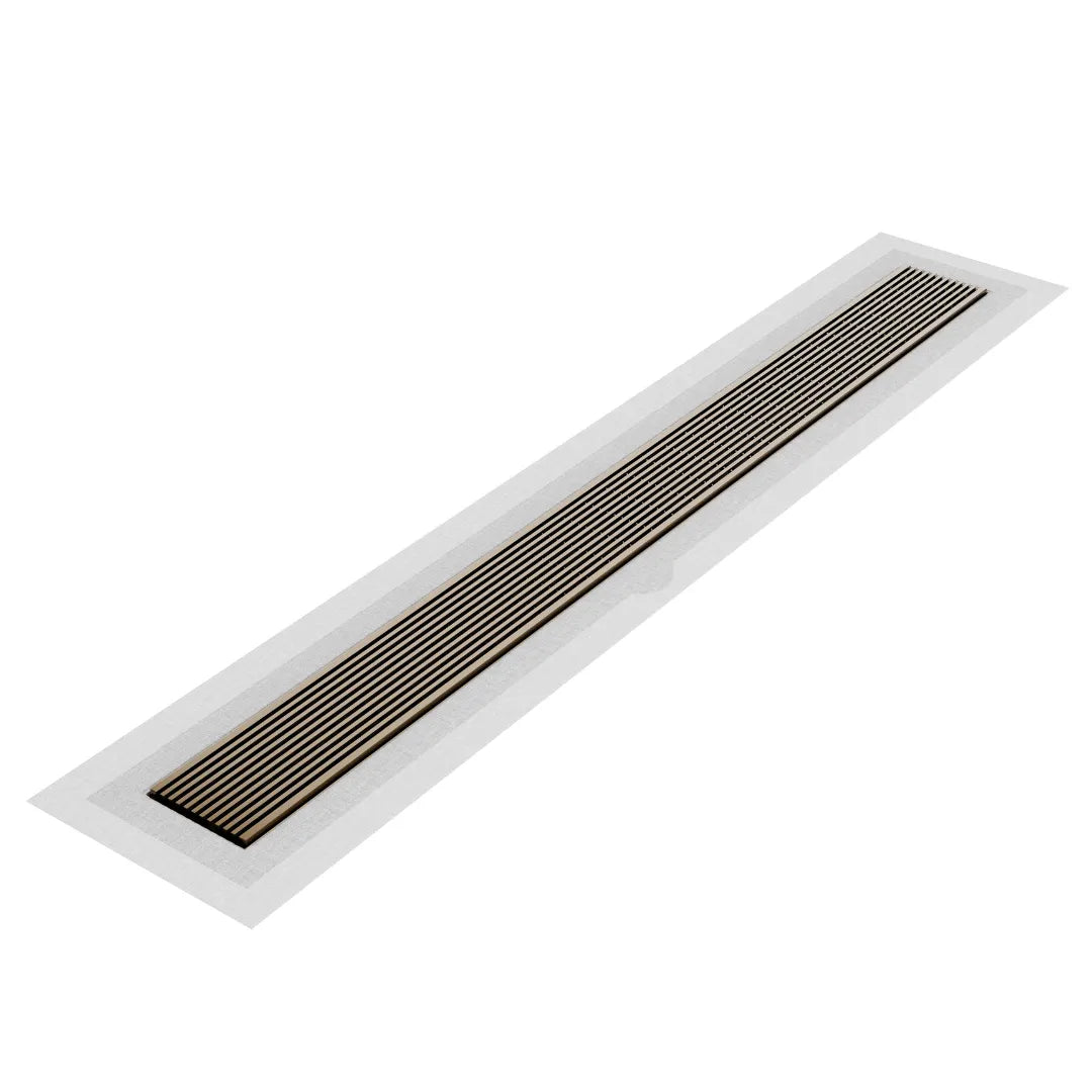Wedgewire Delmar Series Linear Drain with Flange Edge in Champagne finish – stainless-steel channel drain at standard length, featuring a corrosion-resistant wedge-wire grate and integrated flange edge for watertight installation and modern water drainage.