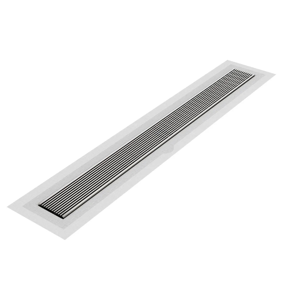 Wedgewire Delmar Series Linear Drain with Flange Edge in Polished finish – stainless-steel channel drain at standard length, featuring a corrosion-resistant wedge-wire grate and integrated flange edge for secure waterproof installation and efficient water drainage.