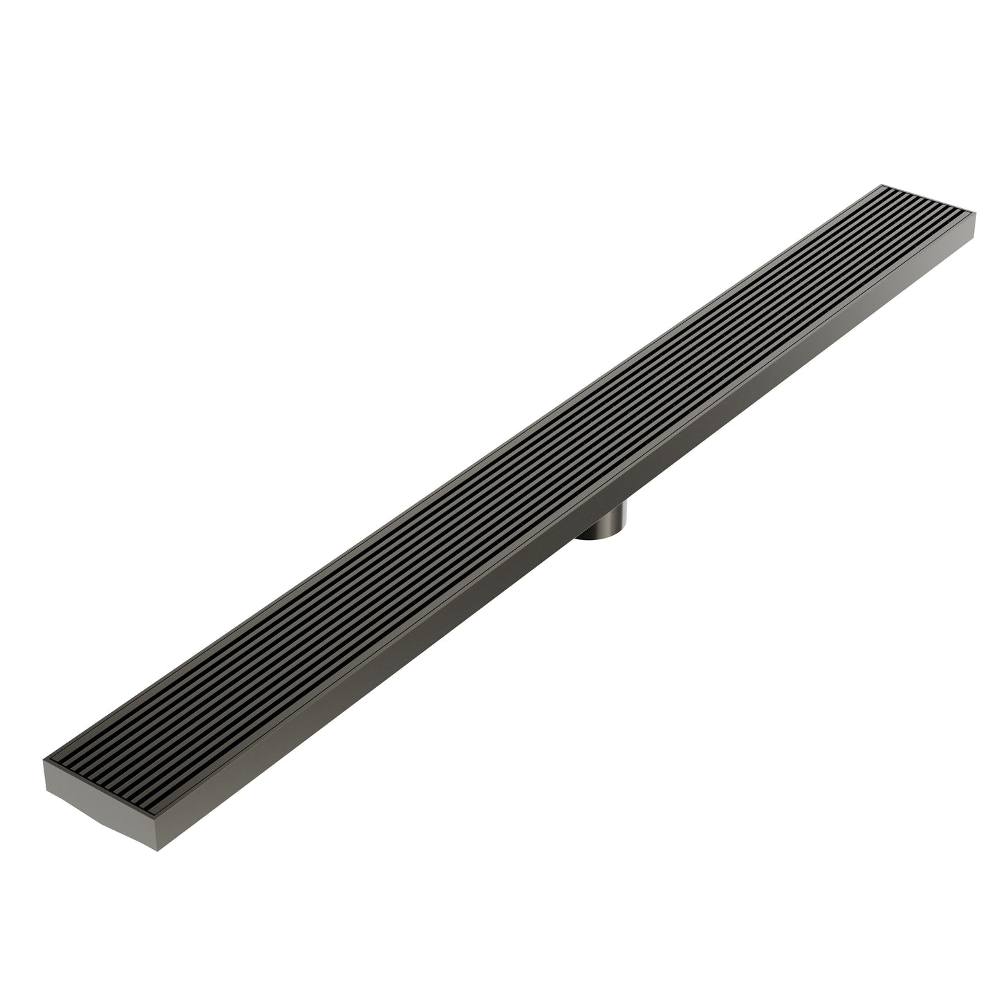 Wedgewire Delmar Series Linear Drain with Plain Edge in Luxe Gray finish – stainless-steel channel drain at standard length with side outlet, featuring a corrosion-resistant wedge-wire grate and smooth edge design for efficient water flow and modern bathroom aesthetics.