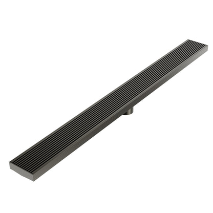 Wedgewire Delmar Series Linear Drain with Plain Edge in Luxe Gray finish – stainless-steel channel drain at standard length with side outlet, featuring a corrosion-resistant wedge-wire grate and smooth edge design for efficient water flow and modern bathroom aesthetics.