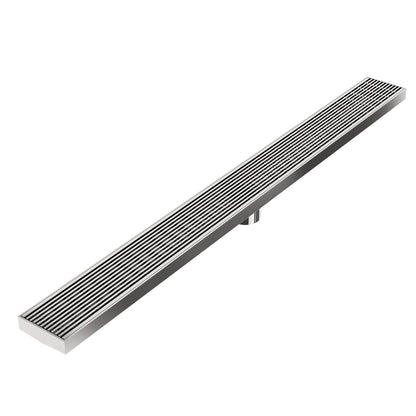Wedgewire Delmar Series Linear Drain with Plain Edge in Polished finish – stainless-steel channel drain at standard length with side outlet, featuring a corrosion-resistant wedge-wire grate and smooth edge design for efficient water flow and modern bathroom aesthetics.