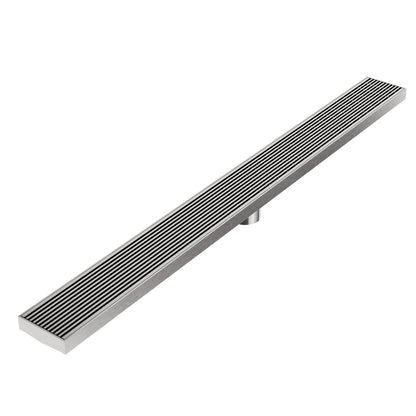 Wedgewire Delmar Series Linear Drain with Plain Edge in Satin finish – stainless-steel channel drain at standard length, featuring a corrosion-resistant wedge-wire grate and smooth plain edge design for high-flow performance and sleek shower integration.