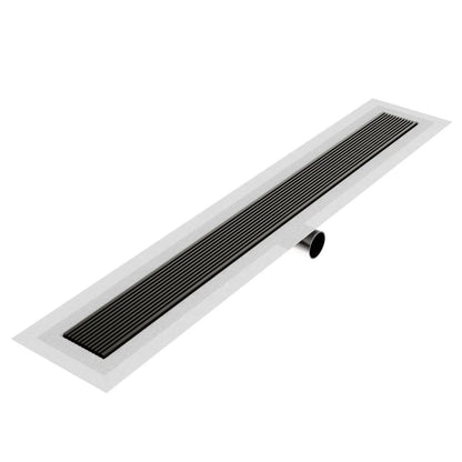 Wedgewire Delmar Series Linear Drain in Black finish – stainless-steel channel drain with standard length and side outlet, featuring a corrosion-resistant wedge-wire grate for high-flow performance and seamless integration in modern shower floors.