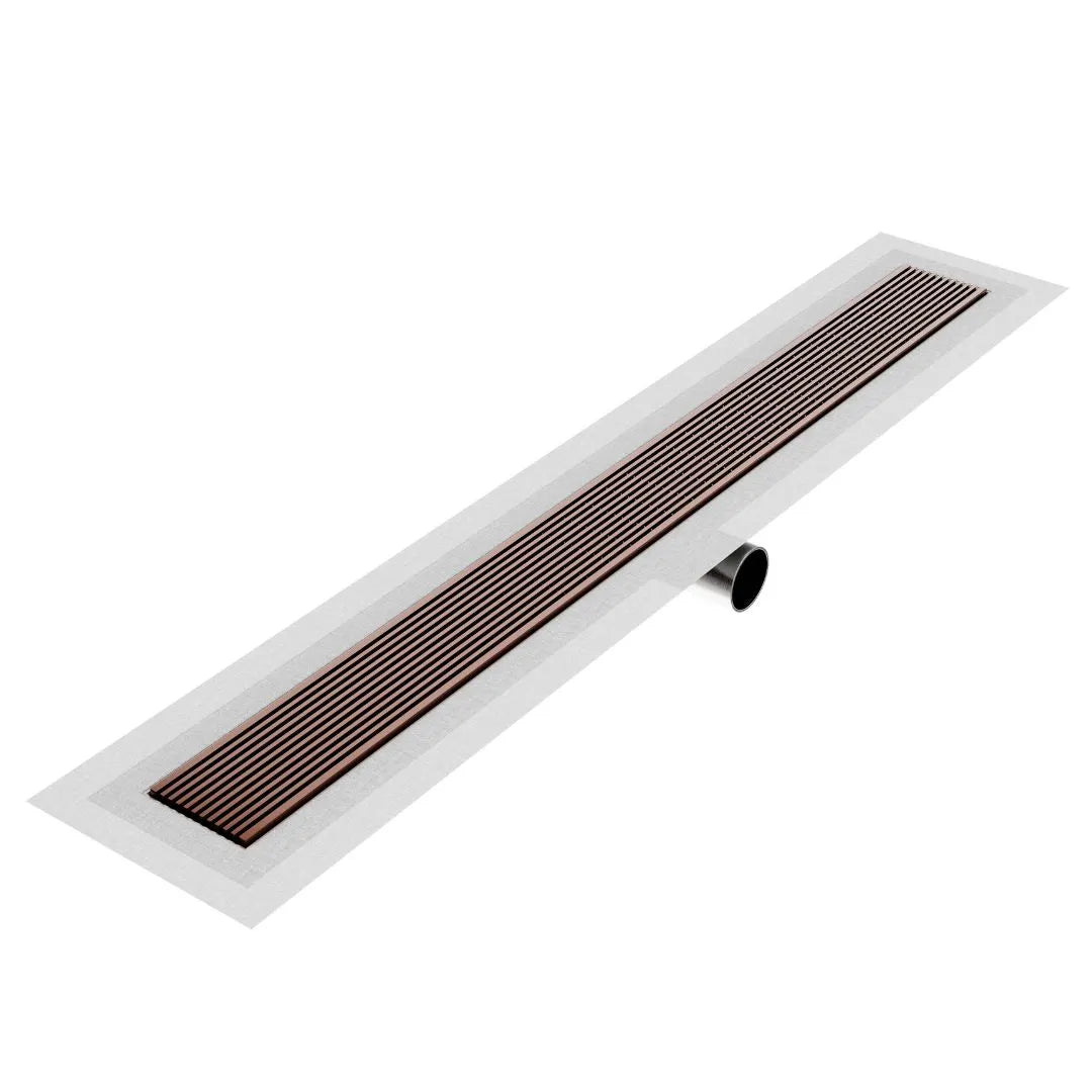 Wedgewire Delmar Series Linear Drain in Bronze finish – stainless-steel channel drain with standard length and side outlet, featuring a corrosion-resistant wedge-wire grate for high-flow performance and seamless integration in upscale shower floors.